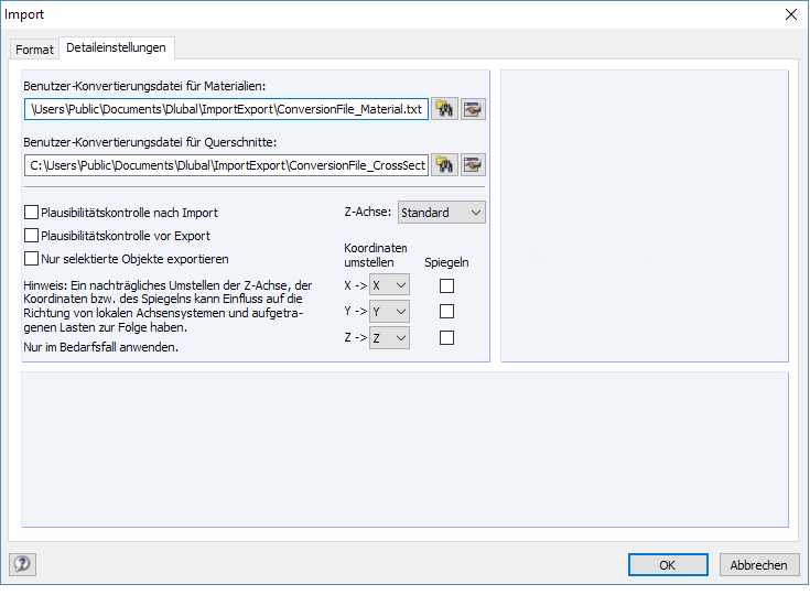 Dialogfenster mit Registerkarte für Detaileinstellungen bei Import oder Export von Daten.