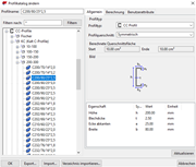 Detailansicht zur Änderung eines Profikatalogs in technischer Software-Anwendung.
