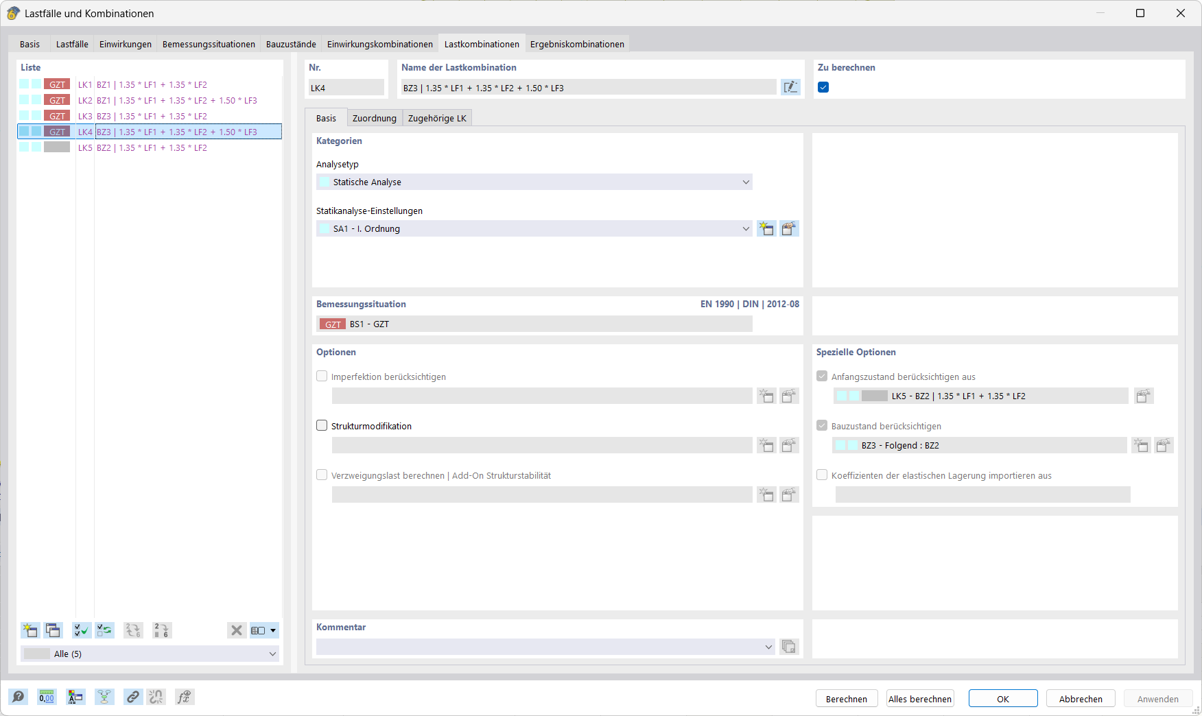 Automatisierte Erzeugung von Einwirkungs- und Lastkombinationen pro Bauzustand mit klarer Struktur.