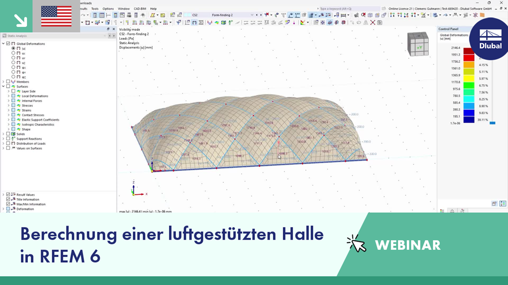 Statik-Webinar zu einer luftgestützten Halle unter Verwendung der RFEM 6-Softwarefunktionen für die Modellierung und Lastbewertung.