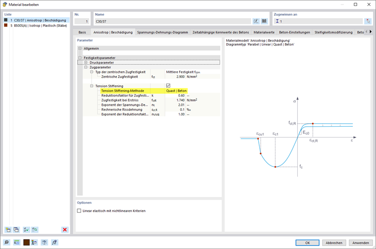 Eingabedialog für Materialmodell Anisotropie bei Beton mit Tension Stiffening Methodenoptionen.