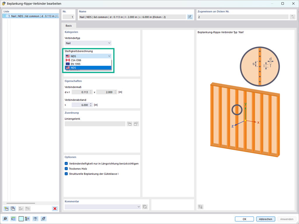 Normen zur Berechnung der Nagelnachgiebigkeit: EN 1995, NDS und CSA O86 für Balkenscheiben. Anwendung nichtlinearer Liniengelenke.