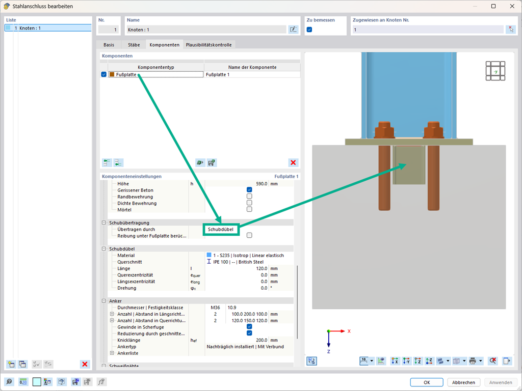 Schubübertragung von einer Fußplatte auf einen Betonblock mittels Schubdübel dargestellt.