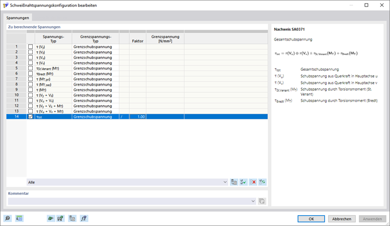 Dialog 'Schweißnahtspannungskonfiguration'
