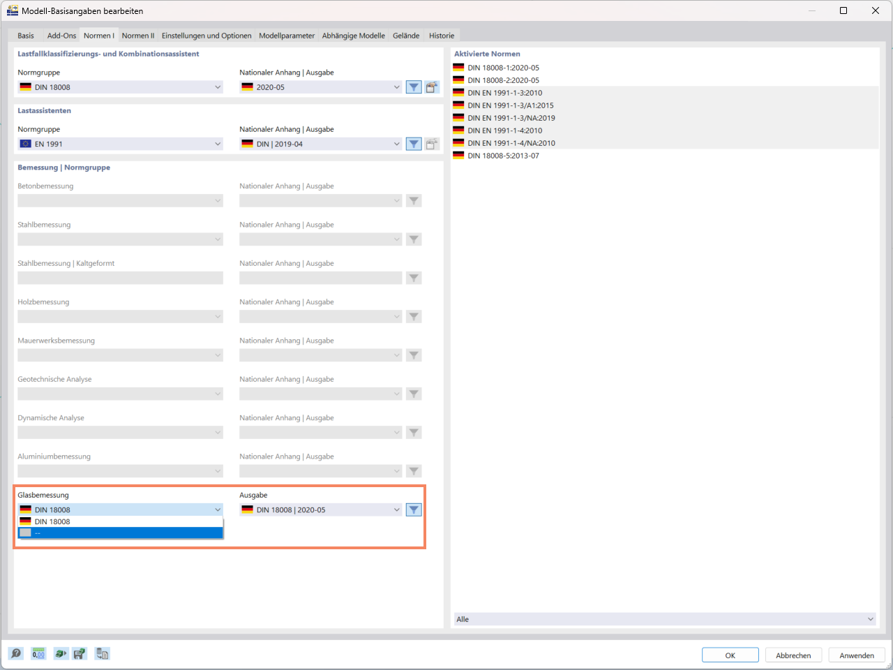Ansicht des Fensters 'Modell-Basisangaben bearbeiten' in RFEM 6 mit Einstellung der Normen für Lastfälle, Klassifizierung, Lastassistent und Glasbemessung.