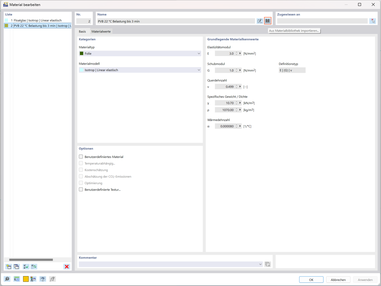 RFEM 6-Materialeinstellungen für die Modellierung von Glasstrukturen in der statischen Analyse.