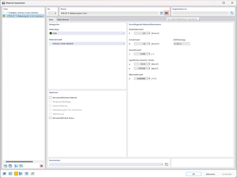 RFEM 6-Materialeinstellungen für die Modellierung von Glasstrukturen in der statischen Analyse.