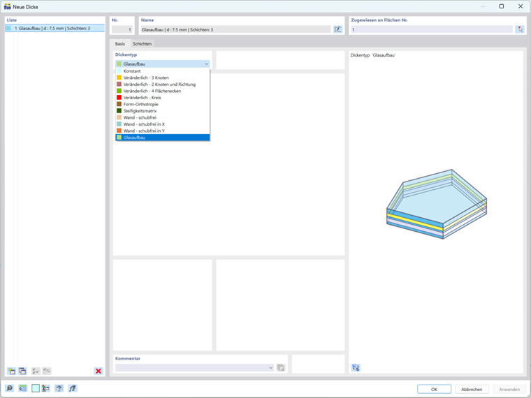 Eine Demonstration der Auswahl des Glasaufbaus als Dickentyp in der RFEM 6-Softwareoberfläche.