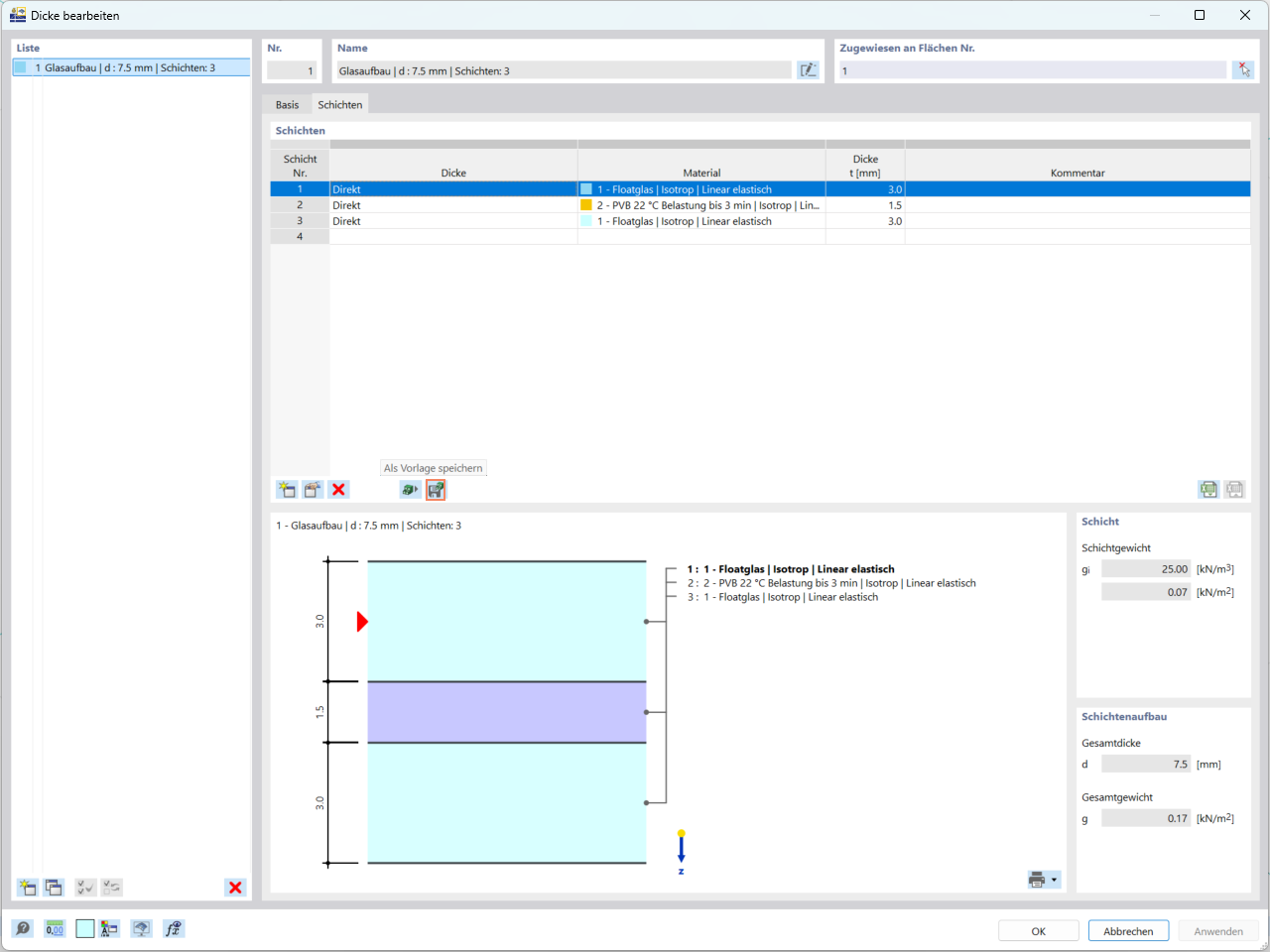 Visuelle Darstellung des Definitionsprozesses von Schichten für Glaskonstruktionen in RFEM 6.