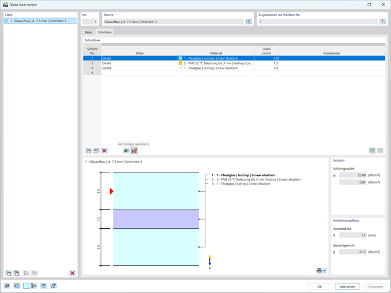 Visuelle Darstellung des Definitionsprozesses von Schichten für Glaskonstruktionen in RFEM 6.