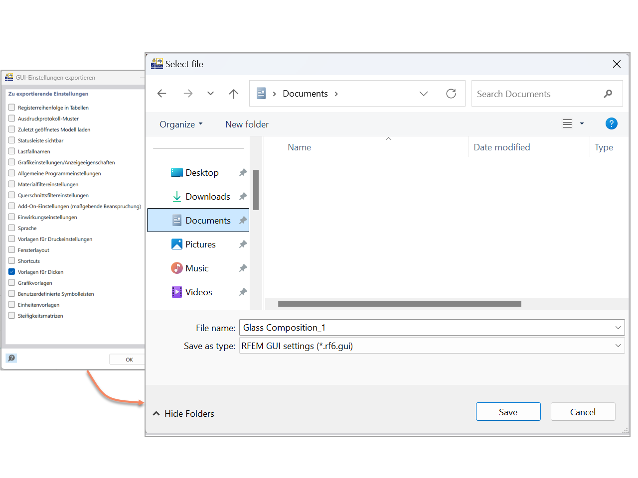 Die GUI-Einstellungen in RFEM 6 ermöglichen das effiziente Speichern und Exportieren von Schichtaufbauten.