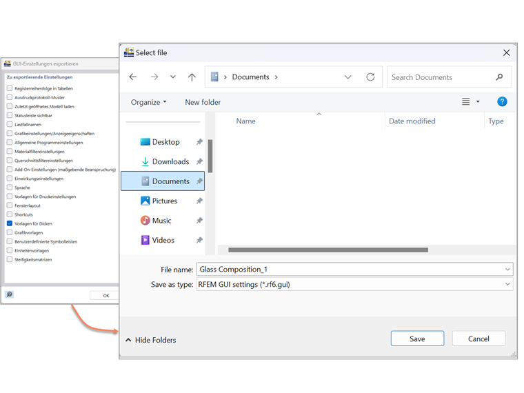 Die GUI-Einstellungen in RFEM 6 ermöglichen das effiziente Speichern und Exportieren von Schichtaufbauten.