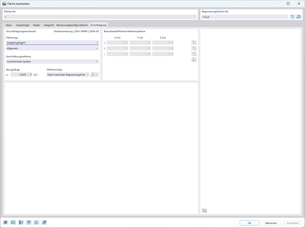 Oberfläche zur Einstellung der Durchbiegungsanalyse für die Glasbemessung in RFEM 6, mit verschiedenen einstellbaren Parametern.