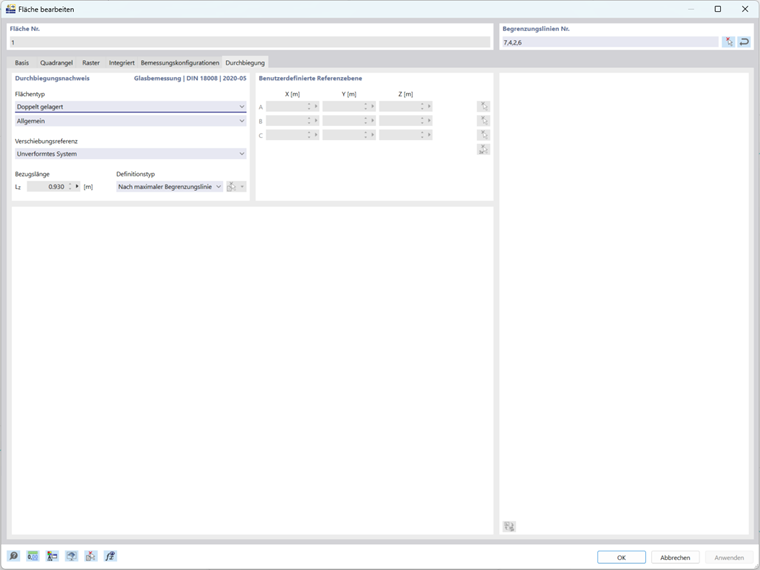 Oberfläche zur Einstellung der Durchbiegungsanalyse für die Glasbemessung in RFEM 6, mit verschiedenen einstellbaren Parametern.