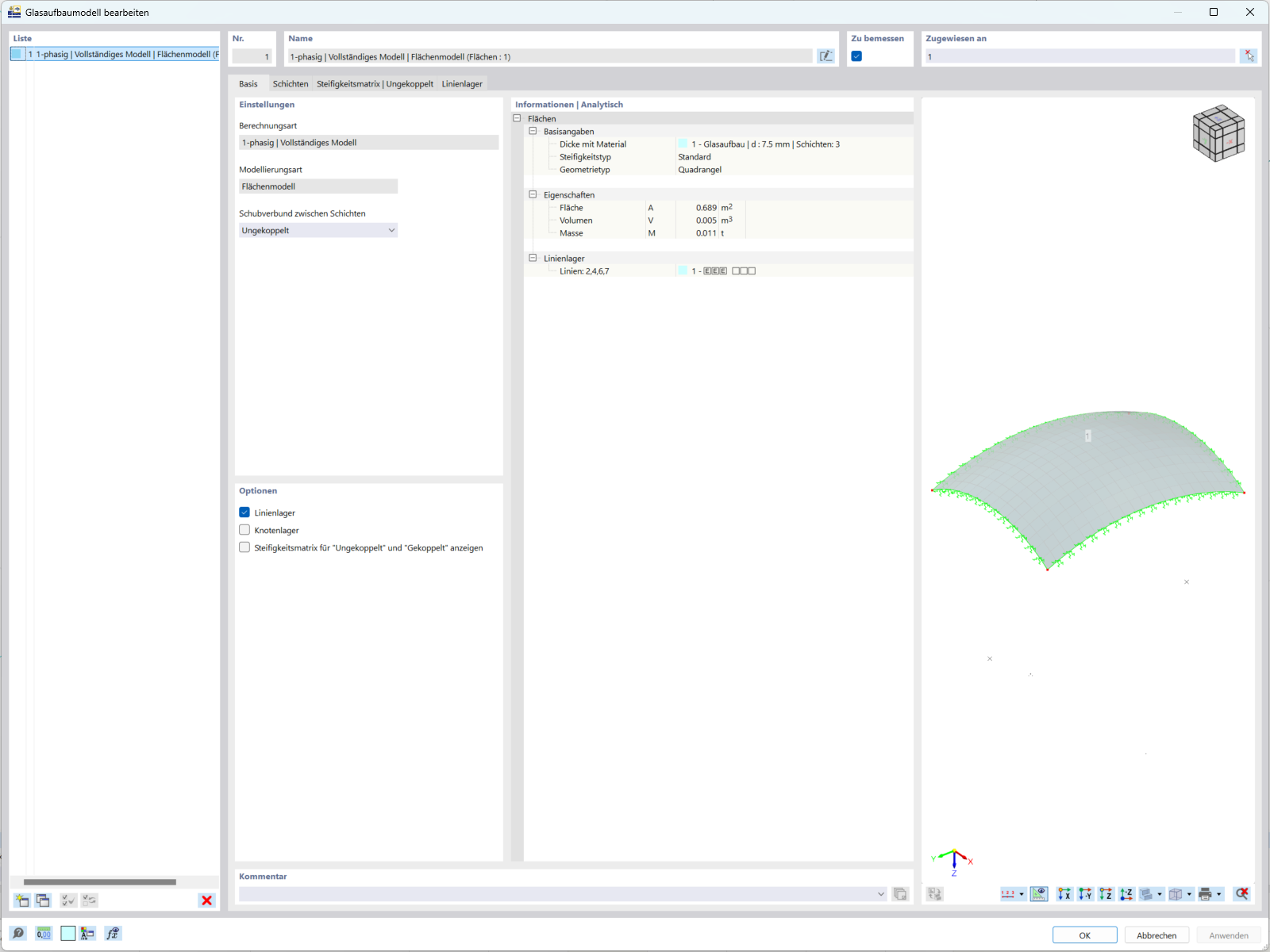 Einstellungsoberfläche zur Definition eines Glasaufbaumodells in RFEM 6 für die statische Berechnung.