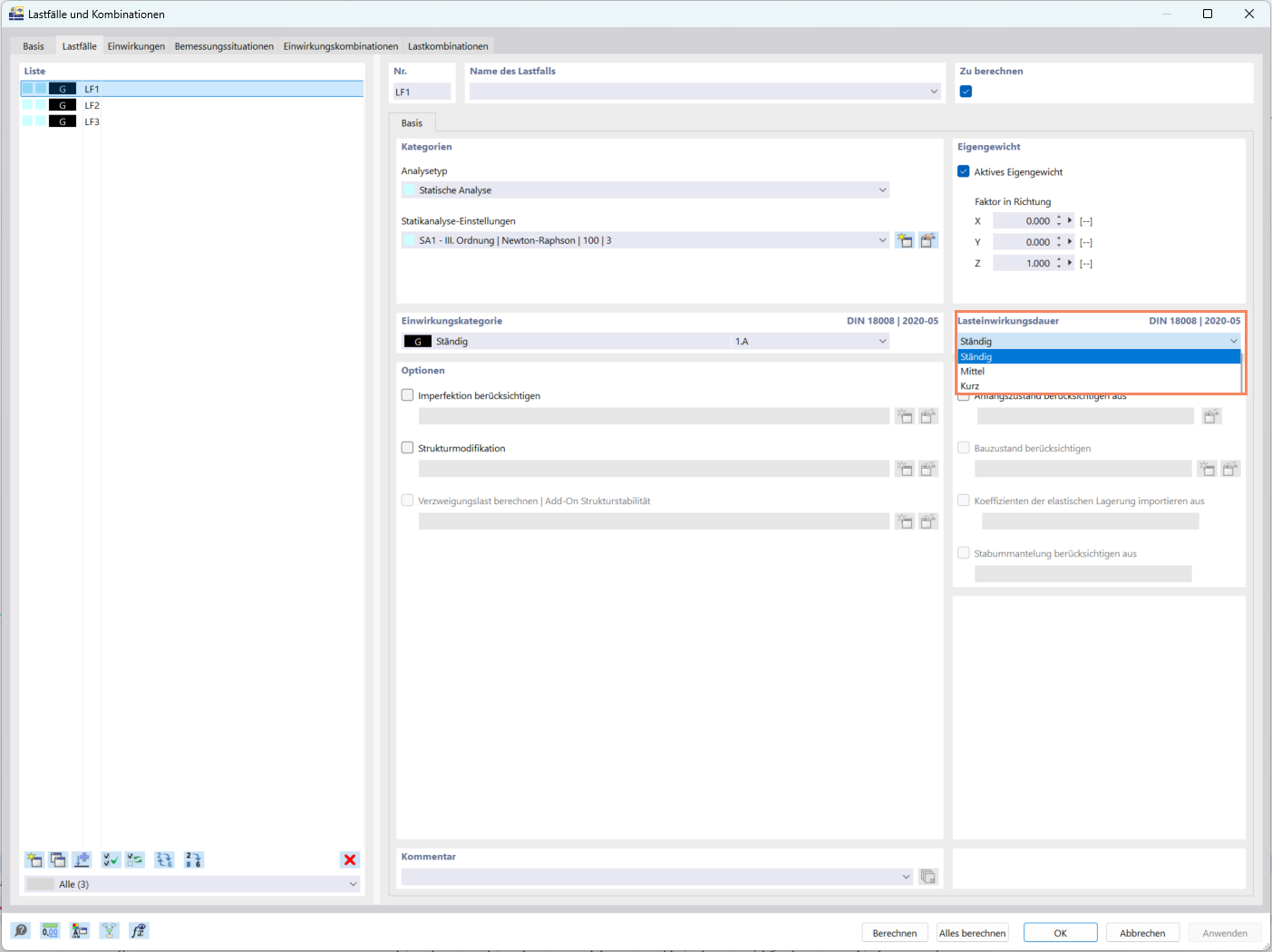 Ansicht von RFEM 6 mit Optionen zur Angabe der Lastdauer in den Lastfalldefinitionen.