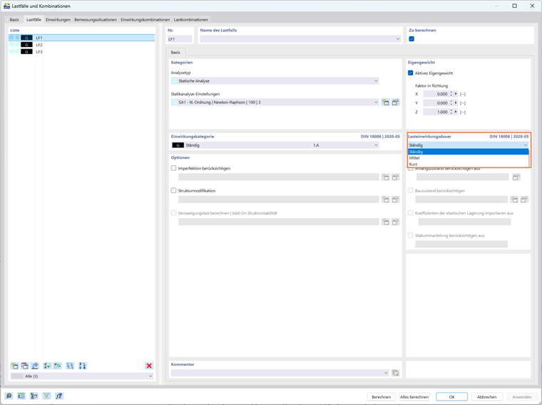 Ansicht von RFEM 6 mit Optionen zur Angabe der Lastdauer in den Lastfalldefinitionen.