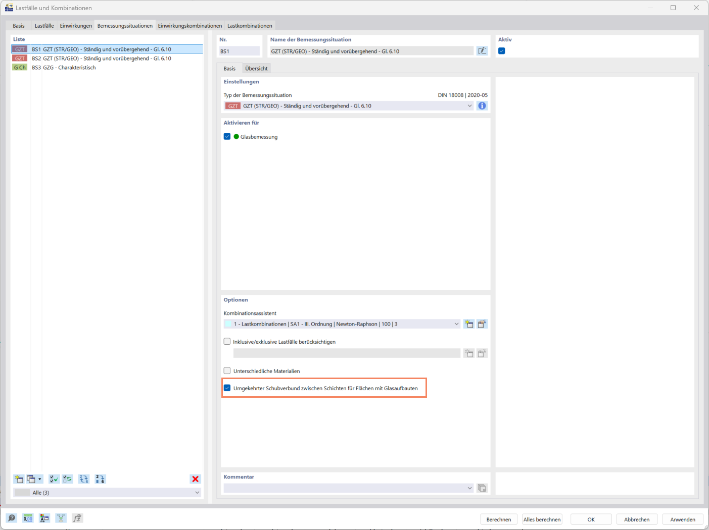 Option für umgekehrten Schubverbund in Glasaufbauten im RFEM 6-Register 'Bemessungssituationen'.