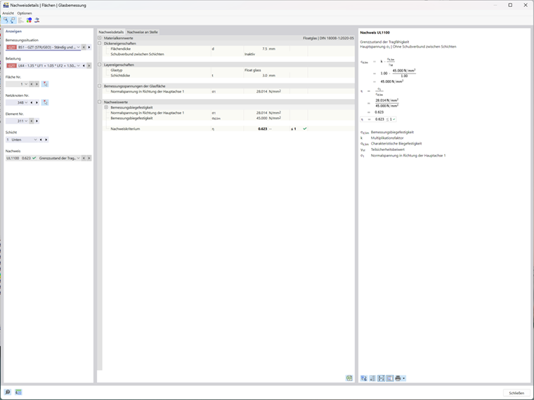 RFEM 6-Schnittstelle mit detaillierten Nachweisoptionen für Strukturelemente.