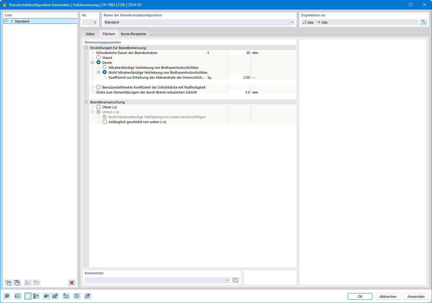 Einstellungen zur Brandbemessung mit Dauerdefinition und Bauteilzuordnung von Wand oder Decke.