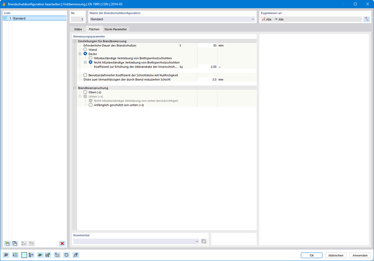 Einstellungen zur Brandbemessung mit Dauerdefinition und Bauteilzuordnung von Wand oder Decke.