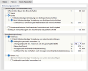 Einstellungen zur Brandbemessung mit Dauerdefinition und Bauteilzuordnung von Wand oder Decke.
