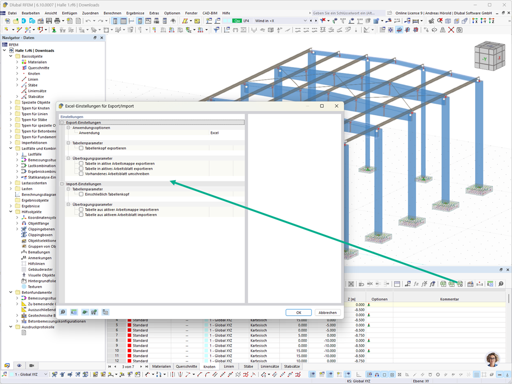 Excel-Einstellungen zum Import und Export von Struktur- und Lastdaten über eine API.