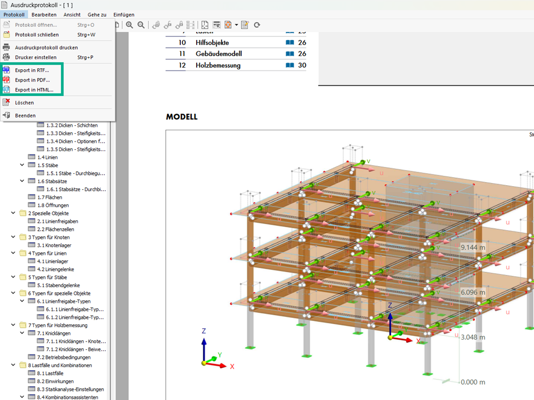Illustration der Exportmöglichkeiten eines Ausdruckprotokolls in RTF-, PDF- und HTML-Format.
