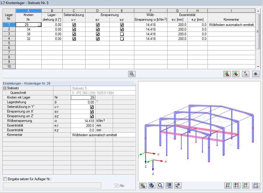 Ansicht einer Knotenlager-Maske zur Definition der Stabsätze in Baukonstruktionen.