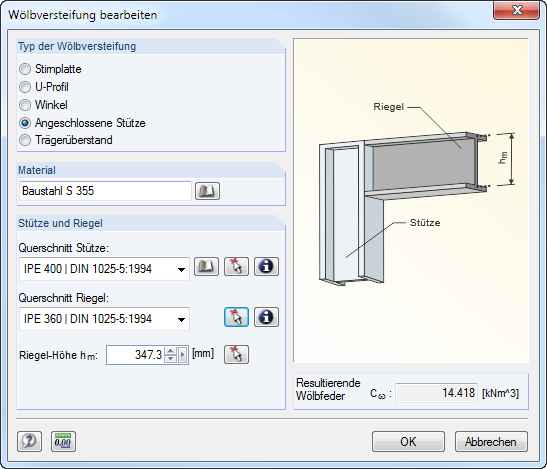 Der Dialog zur Bearbeitung von Wölbversteifungen ermöglicht Anpassungen an designrelevanten Parametern innerhalb eines strukturellen Modells.