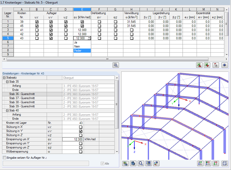Knotenlager für die Wölbkraftanalyse mit Stabsätzen und sieben Freiheitsgraden.