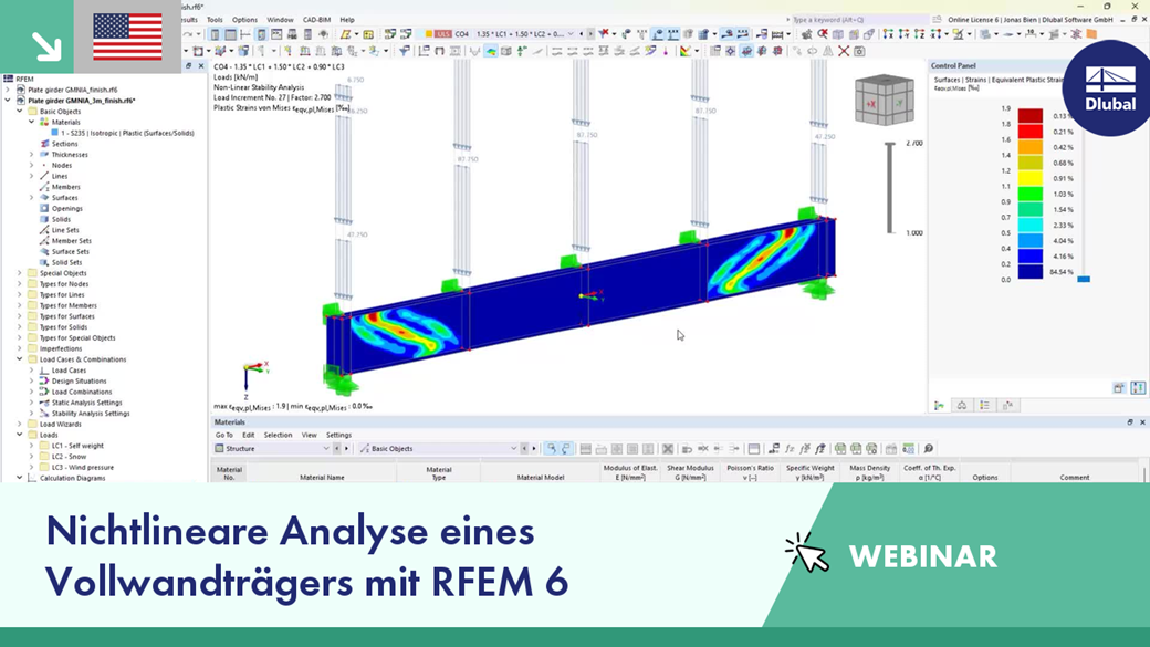 Screenshot aus einem Webinar über die nichtlineare Berechnung von Vollwandträgern mit RFEM 6.