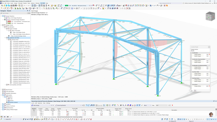 Modell von einem Teil der Stahlhalle mit Belastungsanalyse und Bemessungsteilen wie Dach, Wänden und Aussteifung in RFEM 6.