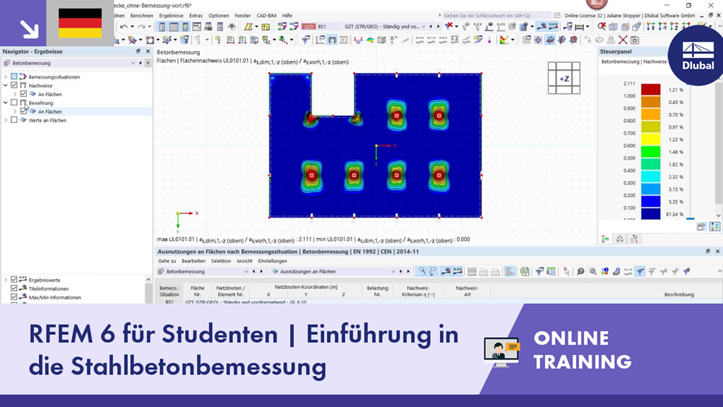 Virtuelle Schulung zu Stahlbetonbemessung mit RFEM 6 für Studierende. Einführungsvideo-Screenshot mit technischen Details.