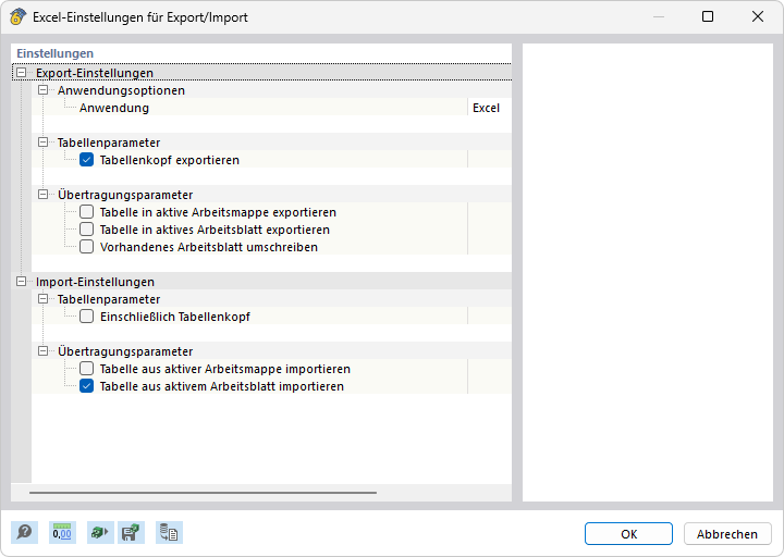 Excel-Einstellungen für Export/Import