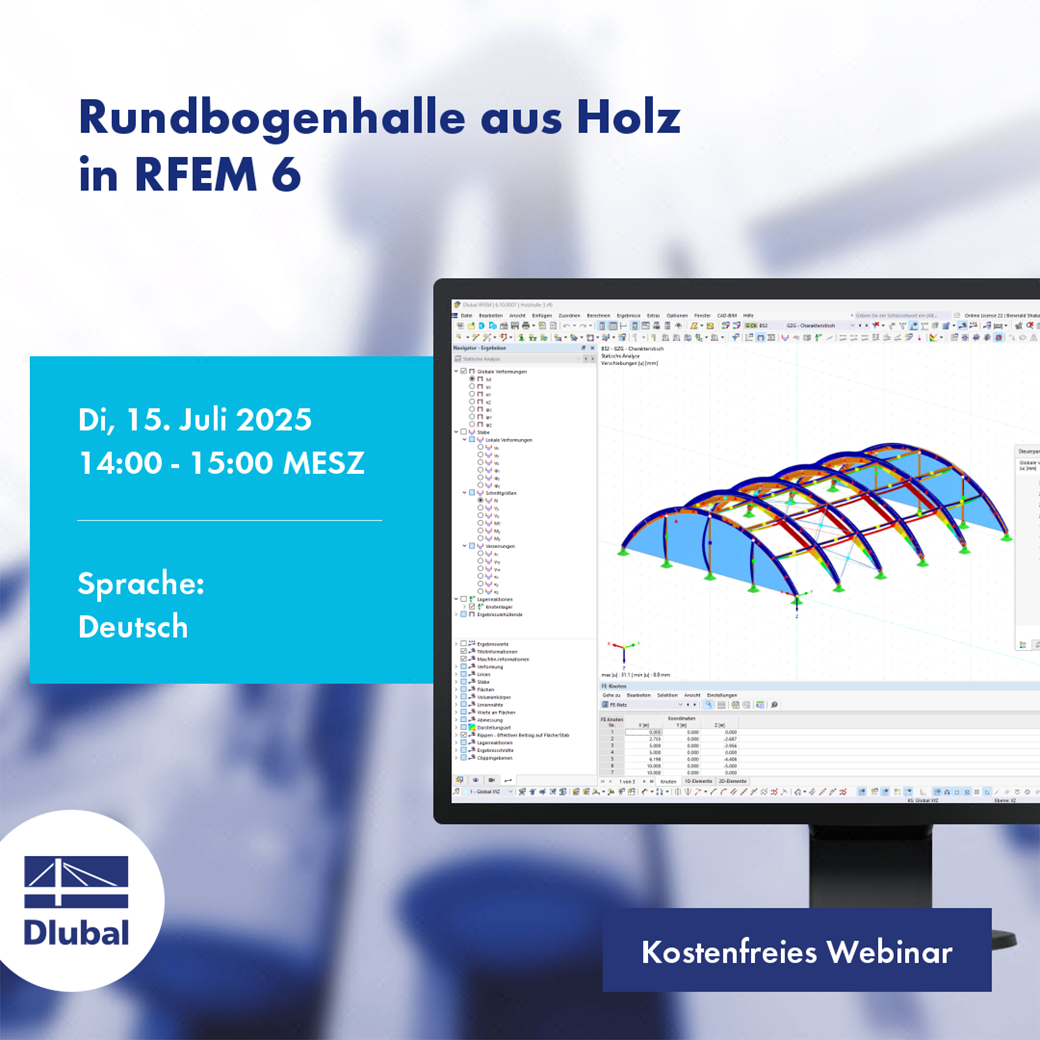 Rundbogenhalle aus Holz konstruiert in RFEM 6 zeigt die elegante Formgebung massiver Holzbögen.