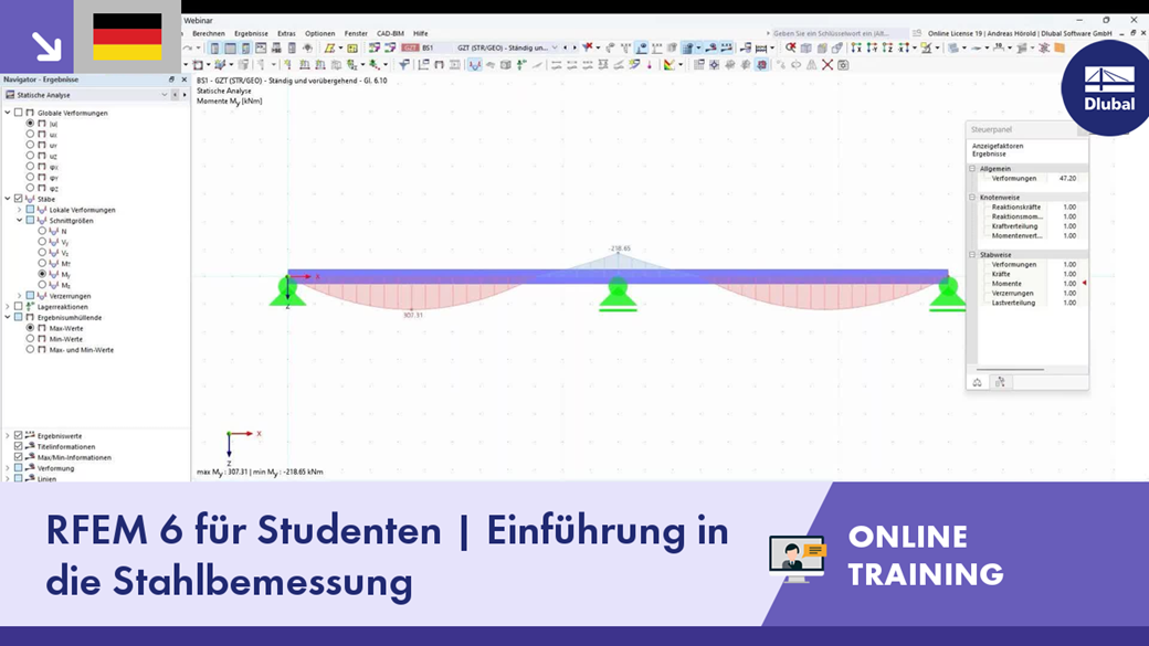 Visualisierung eines Online-Trainings zur Einführung in die Stahlbemessung für Studenten.