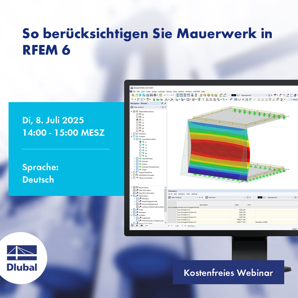 Mauerwerk-Anwendung in RFEM 6 am 8. Juli 2025 um 14:00 mit praktischen Ansätzen.