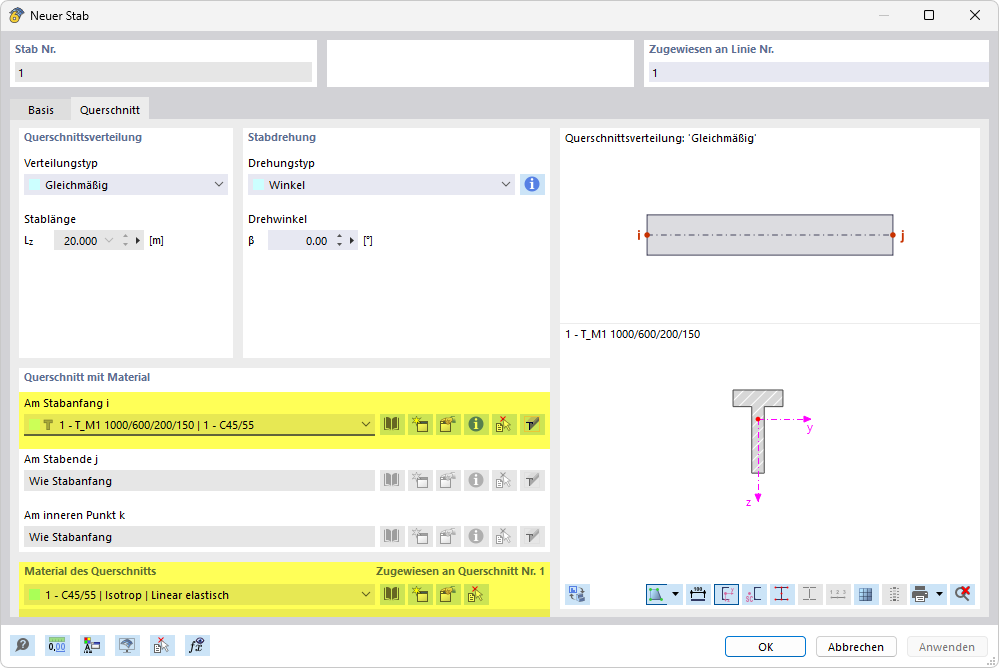 Querschnitt und Material definieren