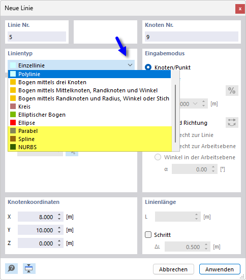 Linientypen für Spannglieder