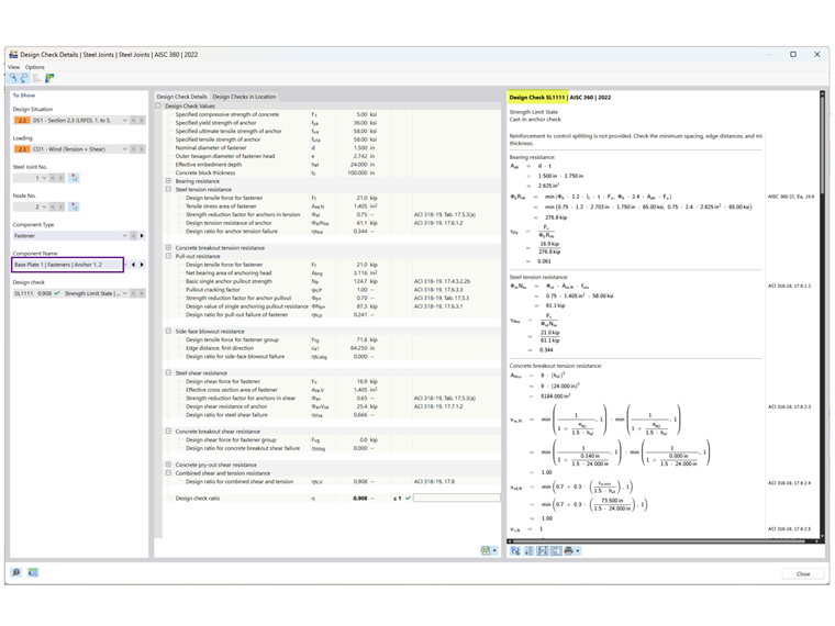 Detaillierte Analyse der Nachweise eines Ankers unter Zug und Schub in RFEM 6, basierend auf den Normen der AISC zu Fußpunktverbindungen.