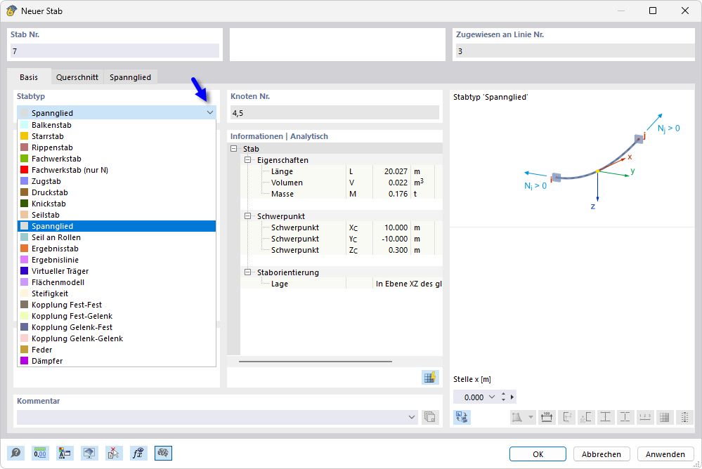 Stabtyp des Spannglieds festlegen