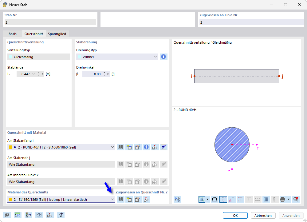 Material des Spannglieds festlegen