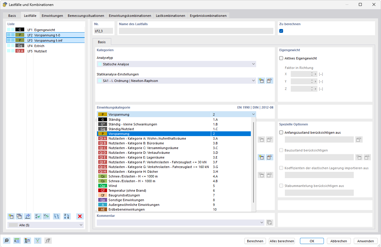 Lastfälle für Vorspannung