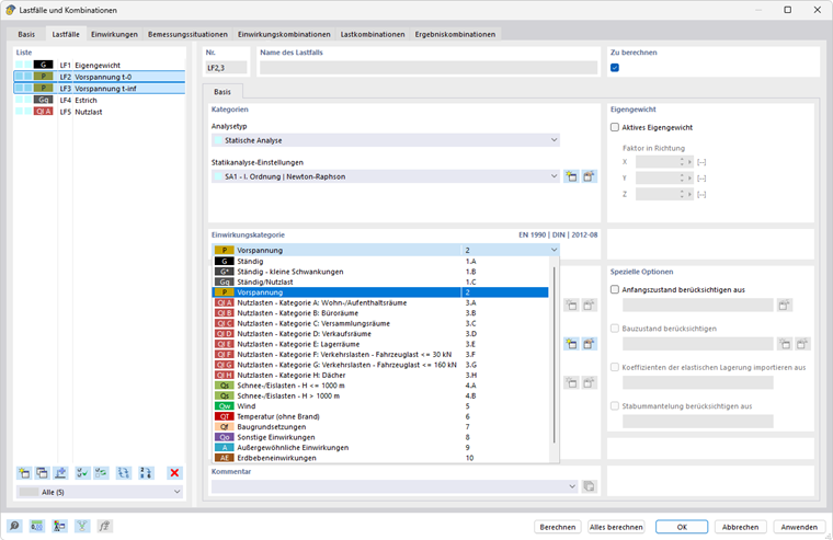 Lastfälle für Vorspannung
