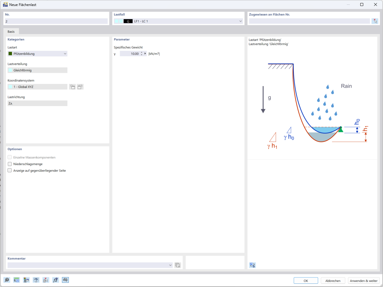 Der Dialog zur Definition der Lastart Pfützenbildung in RFEM 6 bietet Ingenieuren Eingabeoptionen, mit deren Hilfe sie die Szenarien der Pfützenbildung in ihren Statikmodellen festlegen und anpassen können.