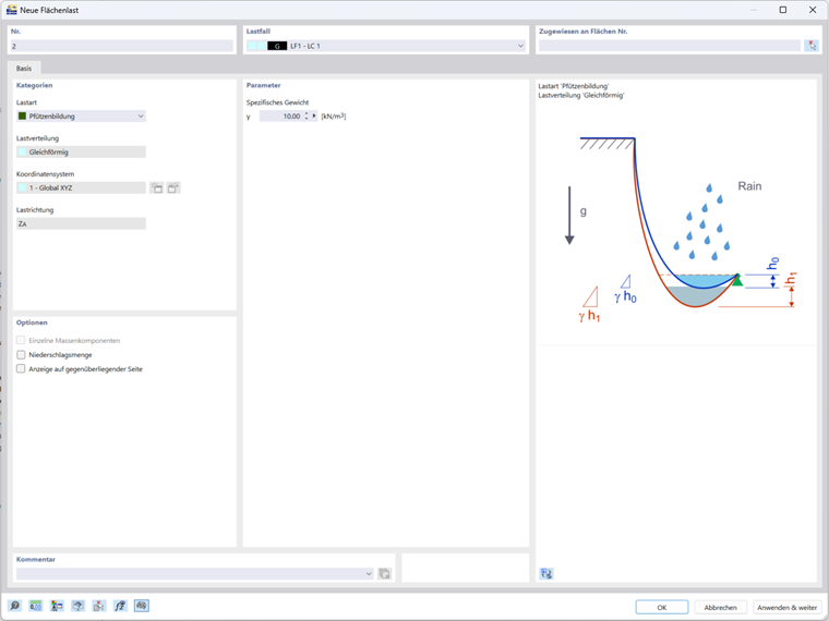 Der Dialog zur Definition der Lastart Pfützenbildung in RFEM 6 bietet Ingenieuren Eingabeoptionen, mit deren Hilfe sie die Szenarien der Pfützenbildung in ihren Statikmodellen festlegen und anpassen können.