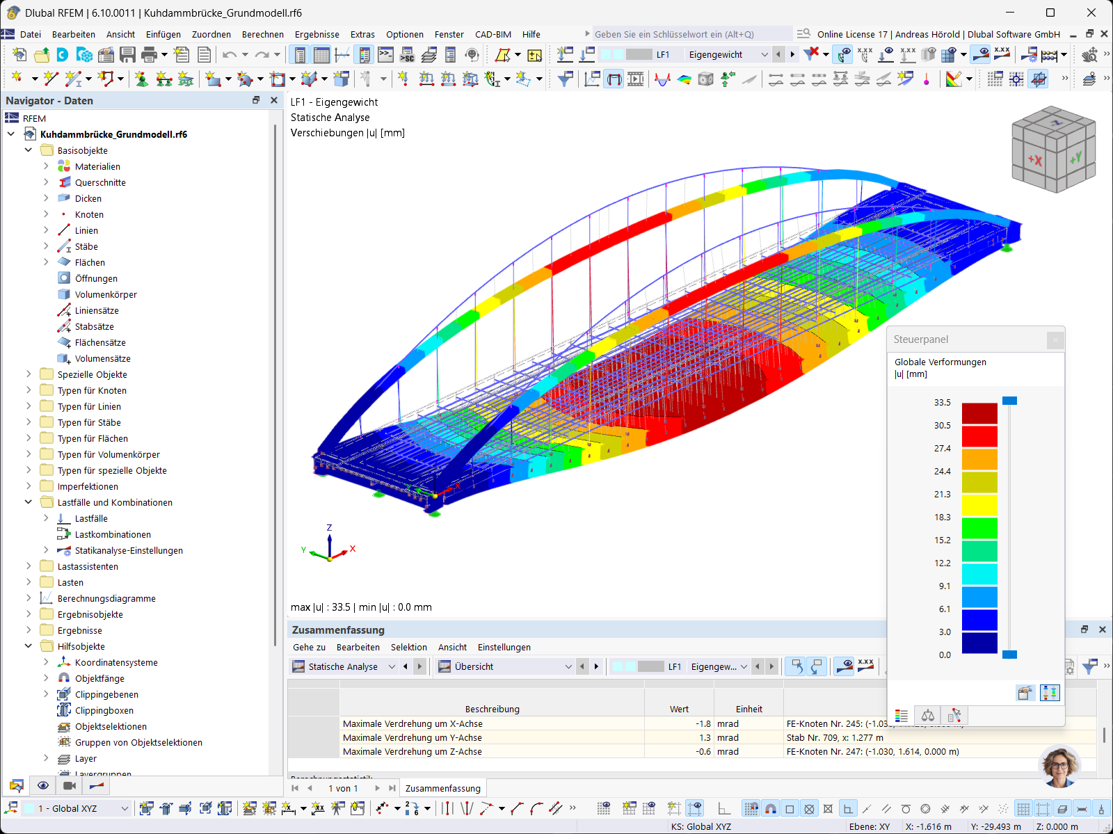 Kuhdammbrücke Wustermark, Darstellung der Verformungen im RFEM-Modell.