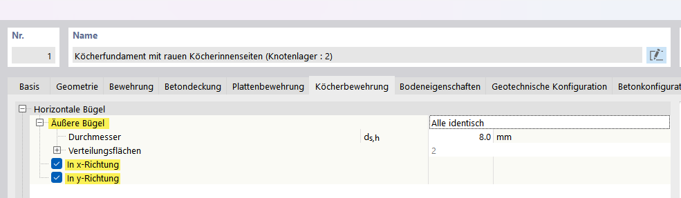 Köcherfundamente | Register Köcherbewehrung für die Variante Köcherbewehrung mit umschließenden Bügeln