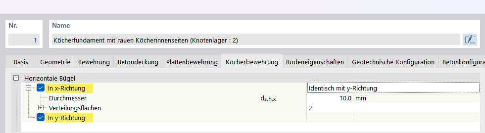 Köcherfundamente | Register Köcherbewehrung für die Variante Köcherbewehrung mit einzelnen Bügeln für jede Seite